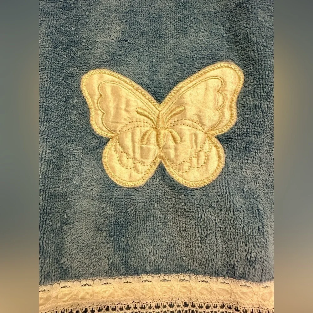 Vintage Saturday Knight Ltd. 2 Blue Hand Towels with Embroidered Satin Butterfly